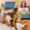 A young girl is easily opening a wooden cabinet door using a child safety cabinet lock with a flexible strap.