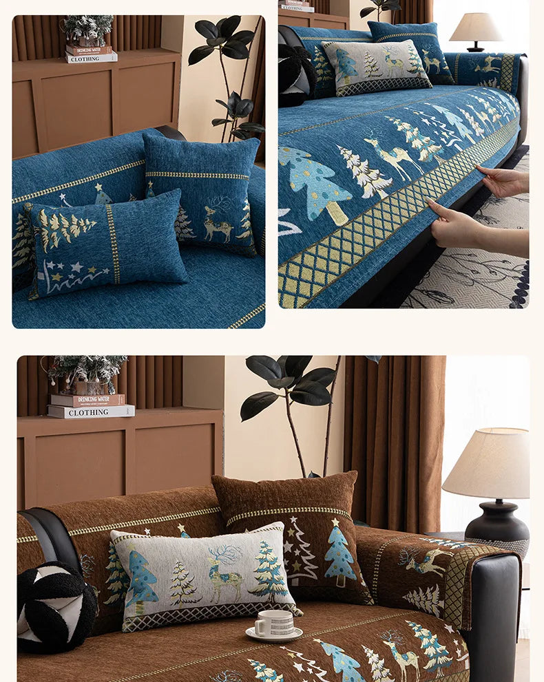 Festive Chenille Christmas Sofa Cover with Deer & Tree Pattern