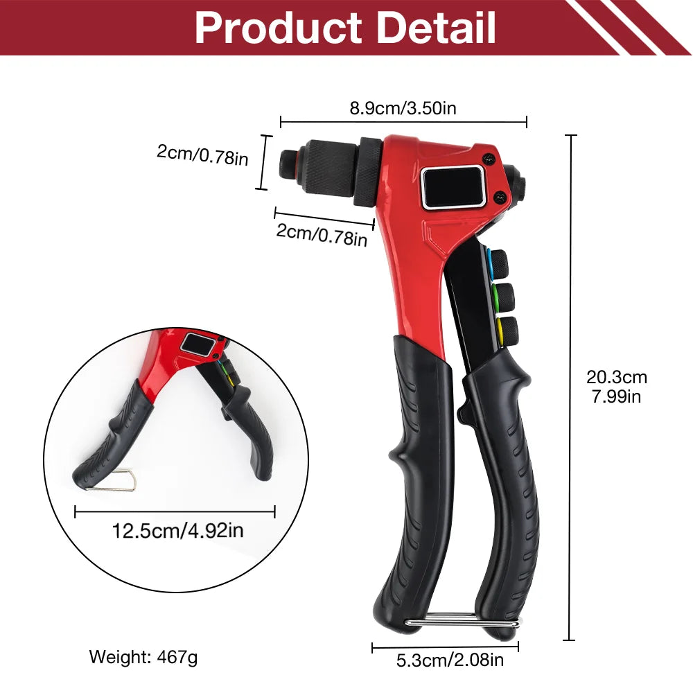 A red manual rivet gun kit with interchangeable heads and a black handle, showing dimensions and weight.