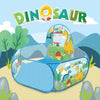 A colorful foldable pop-up play tent featuring a dinosaur theme with a dinosaur silhouette and jungle scenery.