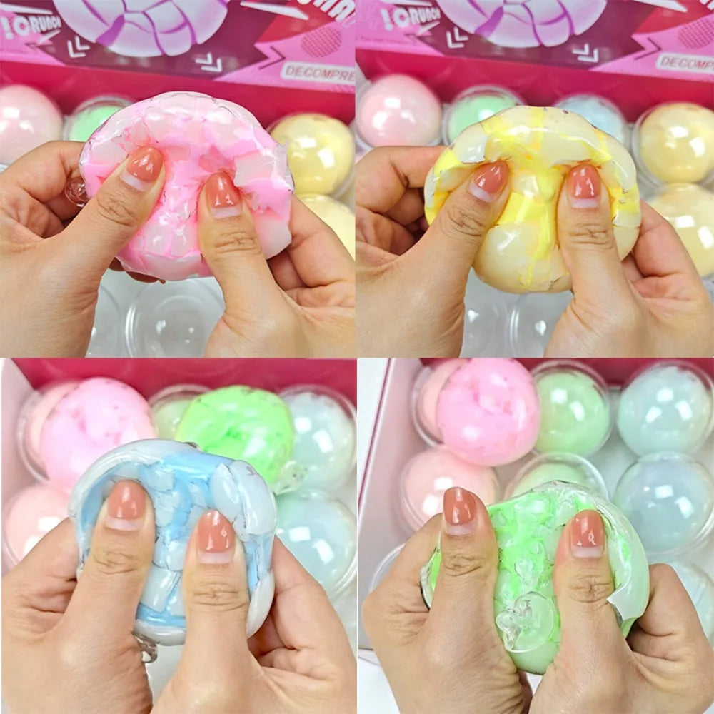 Hands squeezing various colored squishy stress balls like pink yellow and blue sensory toys