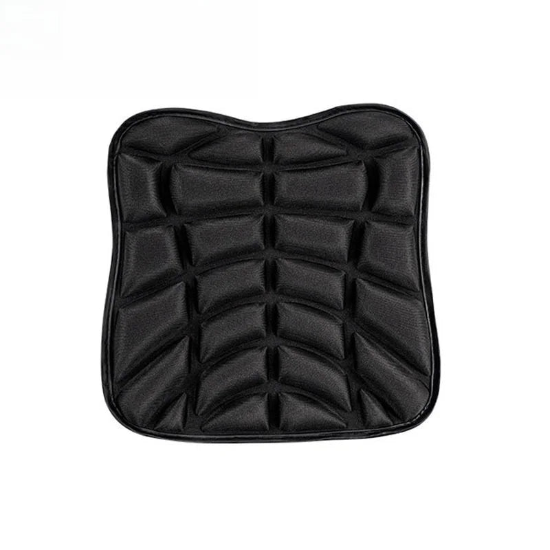 Black ergonomic 3D motorcycle seat cushion made of breathable EVA foam for comfort.