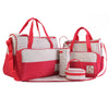 A set of red and white multifunctional crossbody diaper bags for parents.