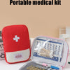 A red portable medical kit organizer bag with a clear lid showing various medical supplies like bandages and gauze.