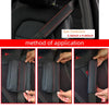 Three steps showing the application of a black PU leather embossed seat belt shoulder cushion on a car seat.