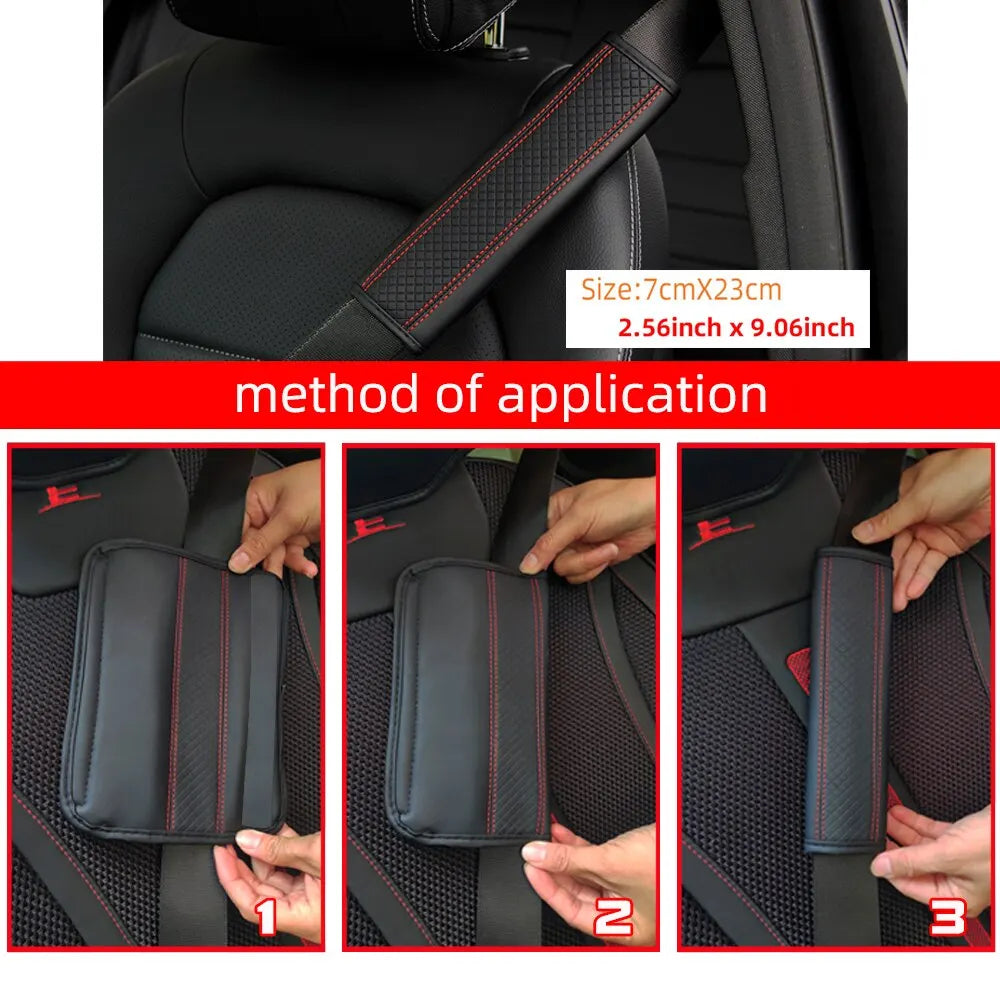 Three steps showing the application of a black PU leather embossed seat belt shoulder cushion on a car seat.