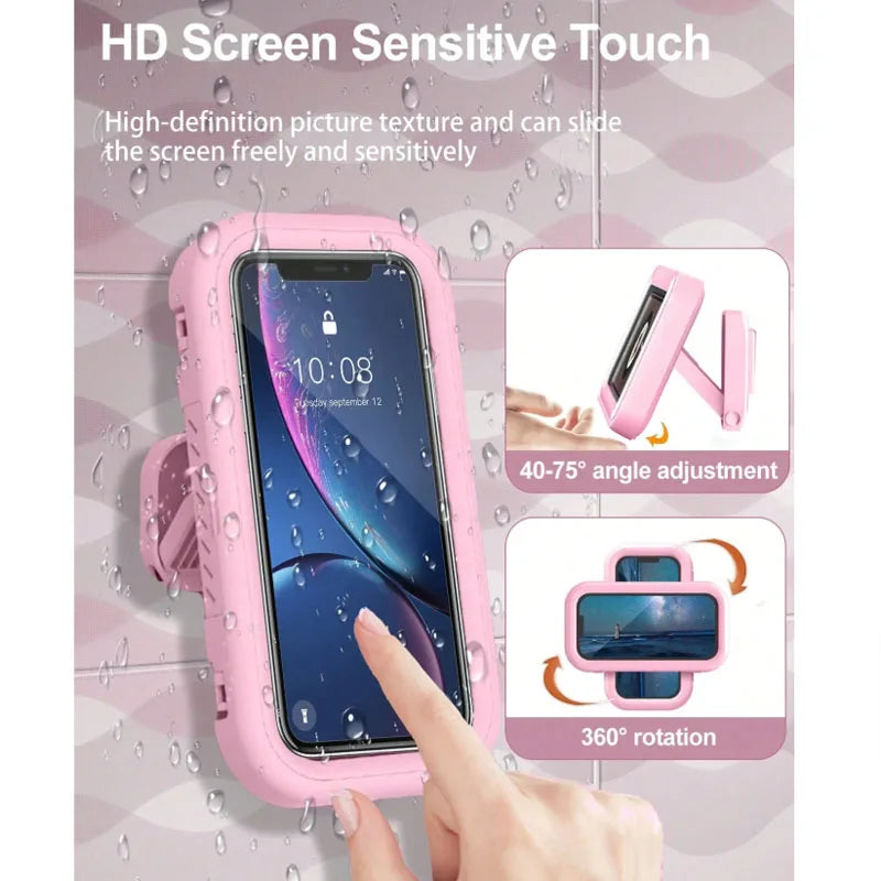 Pink waterproof phone holder allowing 360 degree rotation and sensitive touch for use in the shower