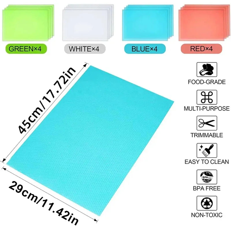 A set of four colored EVA refrigerator shelf liners including green, white, blue, and red mats, with a large cyan mat shown f