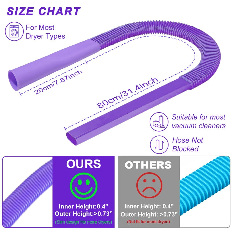 Purple flexible hose for dryer vent cleaning, showing size chart dimensions and suitability for vacuum cleaners.