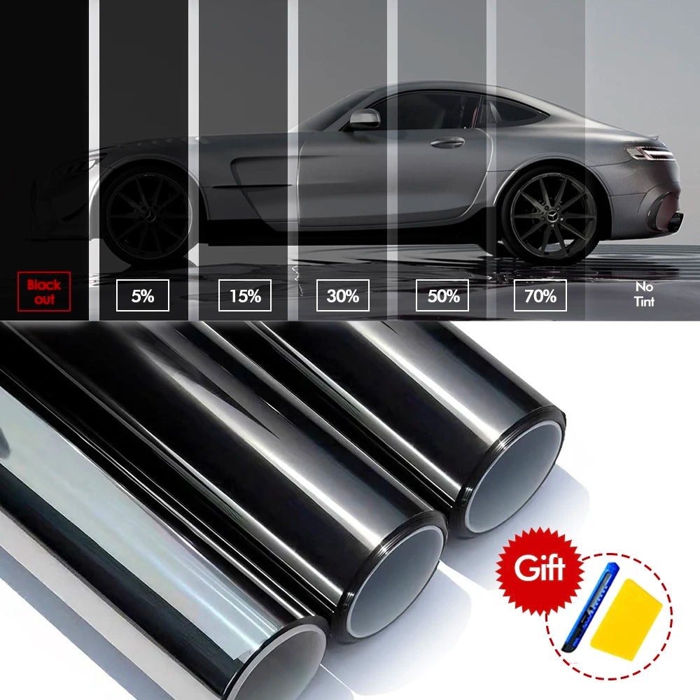 A car window is shown with various tint levels applied, demonstrating ceramic film for heat and UV protection.