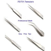 A set of five professional stainless steel tweezers with fine tips shown in various angles.