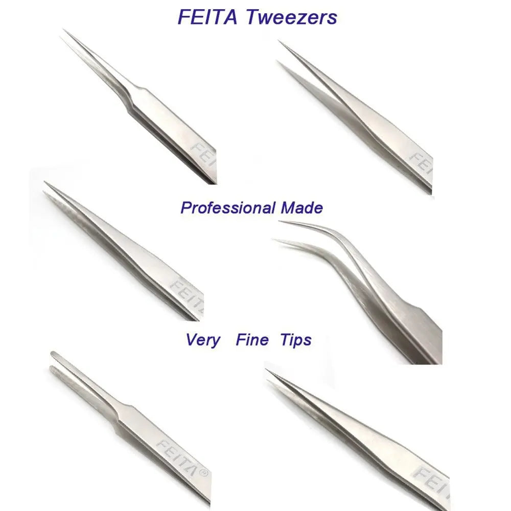 A set of five professional stainless steel tweezers with fine tips shown in various angles.