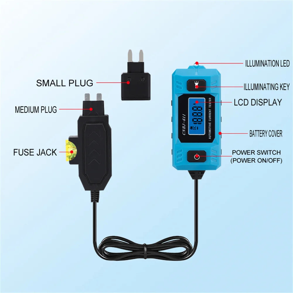 An automotive fuse current tester device showing various components like a small plug, medium plug, fuse jack, illumination l