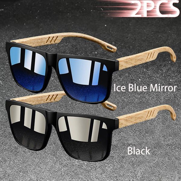 Vintage quadratische Sonnenbrille in Eisblau-Spiegel und Schwarz mit Holzarm
