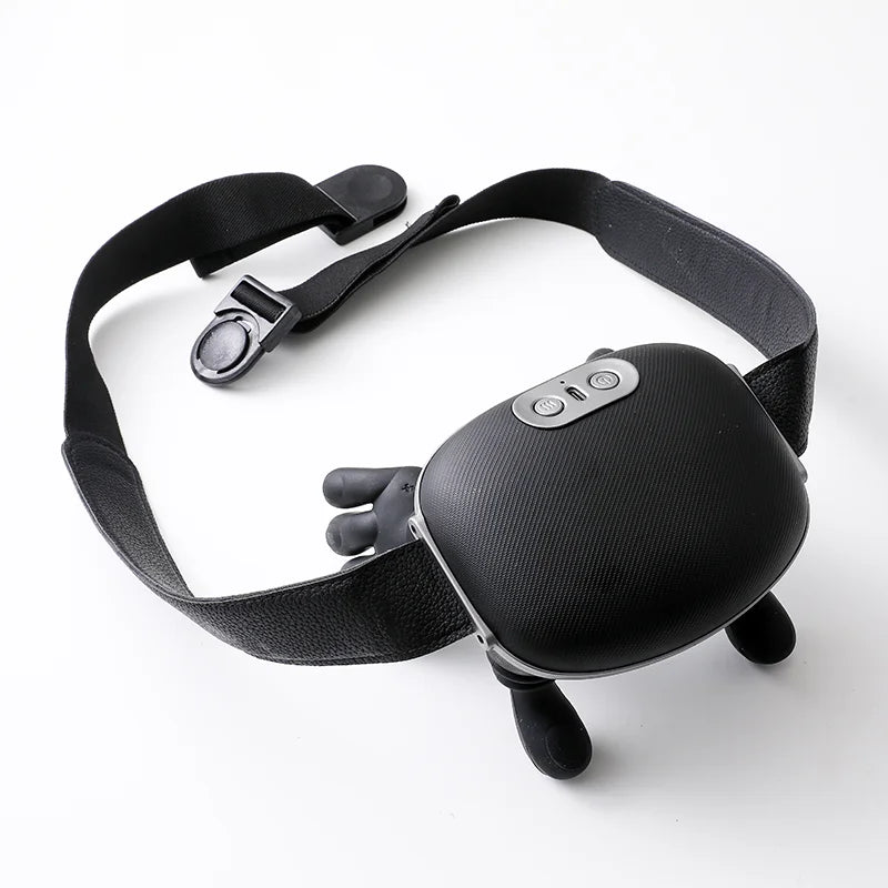 Massace sans fil noir pour cou et épaules avec sangle et têtes de massage, sur fond blanc.