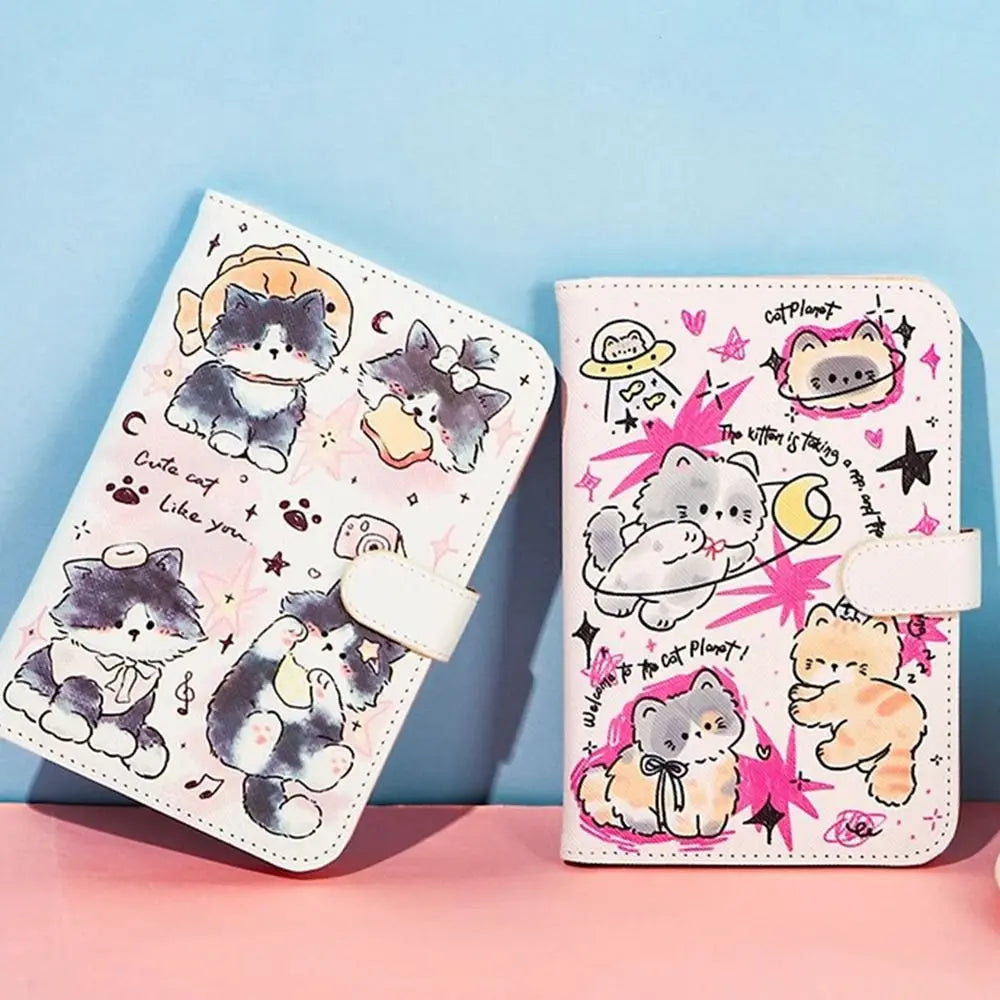 A pink and white cartoon cat leather passport holder featuring various cute cat illustrations.