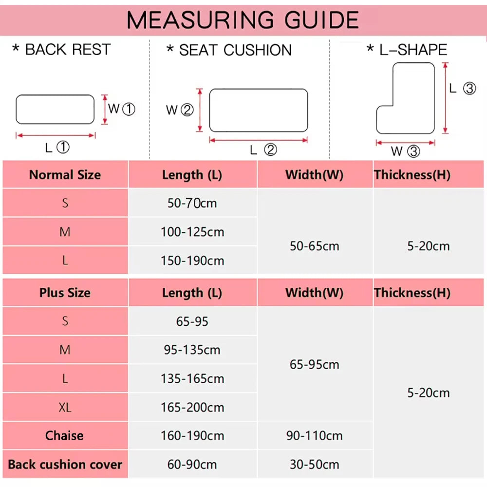 Measuring guide for a plush velvet stretch sofa seat cover showing dimensions for different sizes and shapes