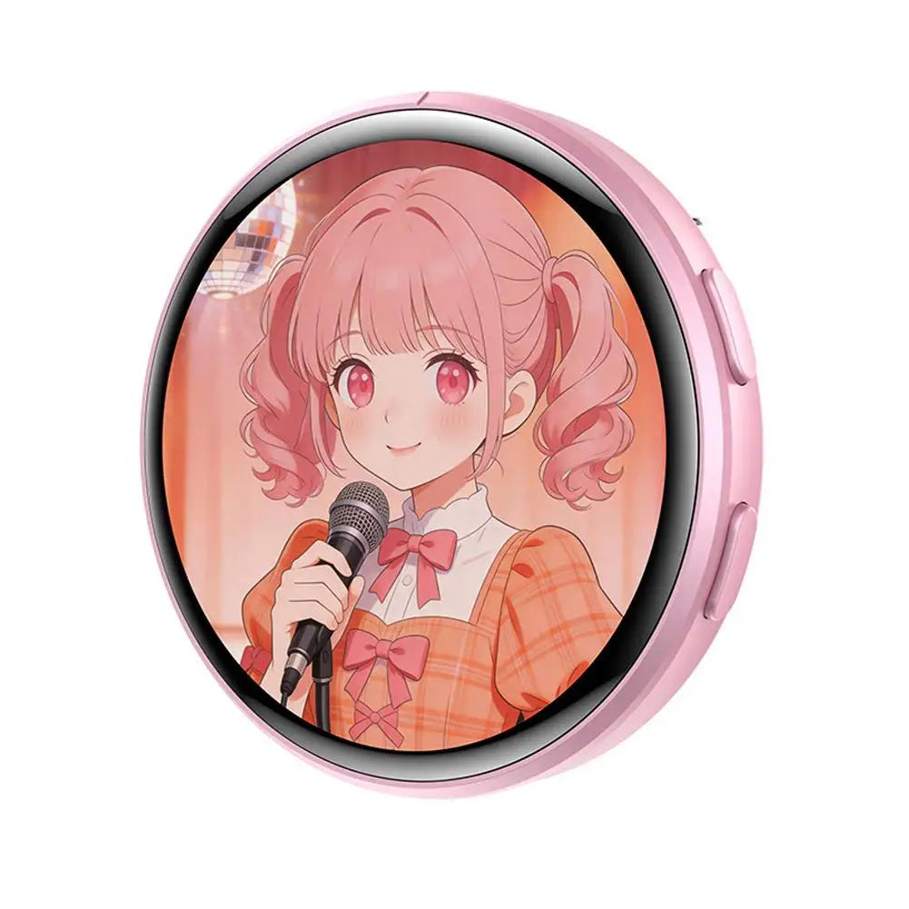 A pink anime digital badge featuring a girl with pink hair and red eyes looking forward.