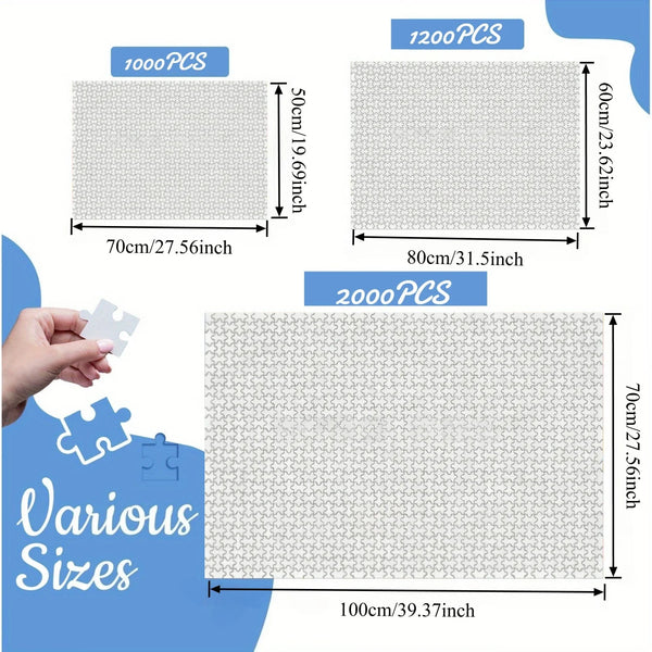 Various sizes of gray jigsaw puzzles featuring a repeating pattern for adults