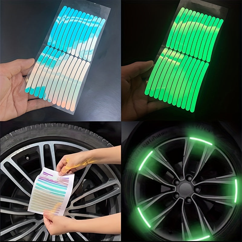 Hand holding a reflective sticker sheet and a close-up of green LED stickers applied to a car wheel.