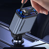 A hand is shown pulling a retractable fast charge cable from a car charger unit.