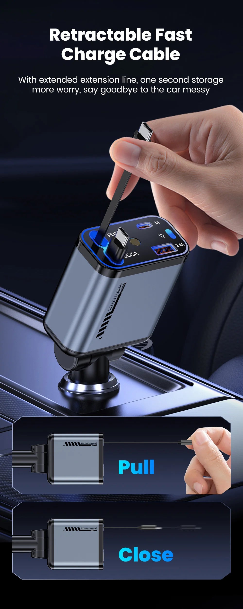 A hand is shown pulling a retractable fast charge cable from a car charger unit.