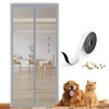 A pair of modern glass doors with a light gray frame and wood-look paneling, next to a dog and a cat.