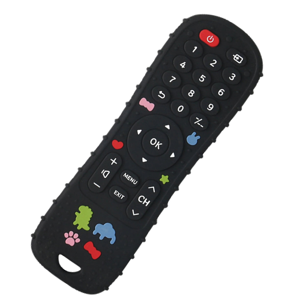 Black silicone baby teether toy shaped like a TV remote with various buttons and features