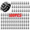 A collection of 100 silver zinc alloy cone studs and spikes for DIY clothing and accessories.