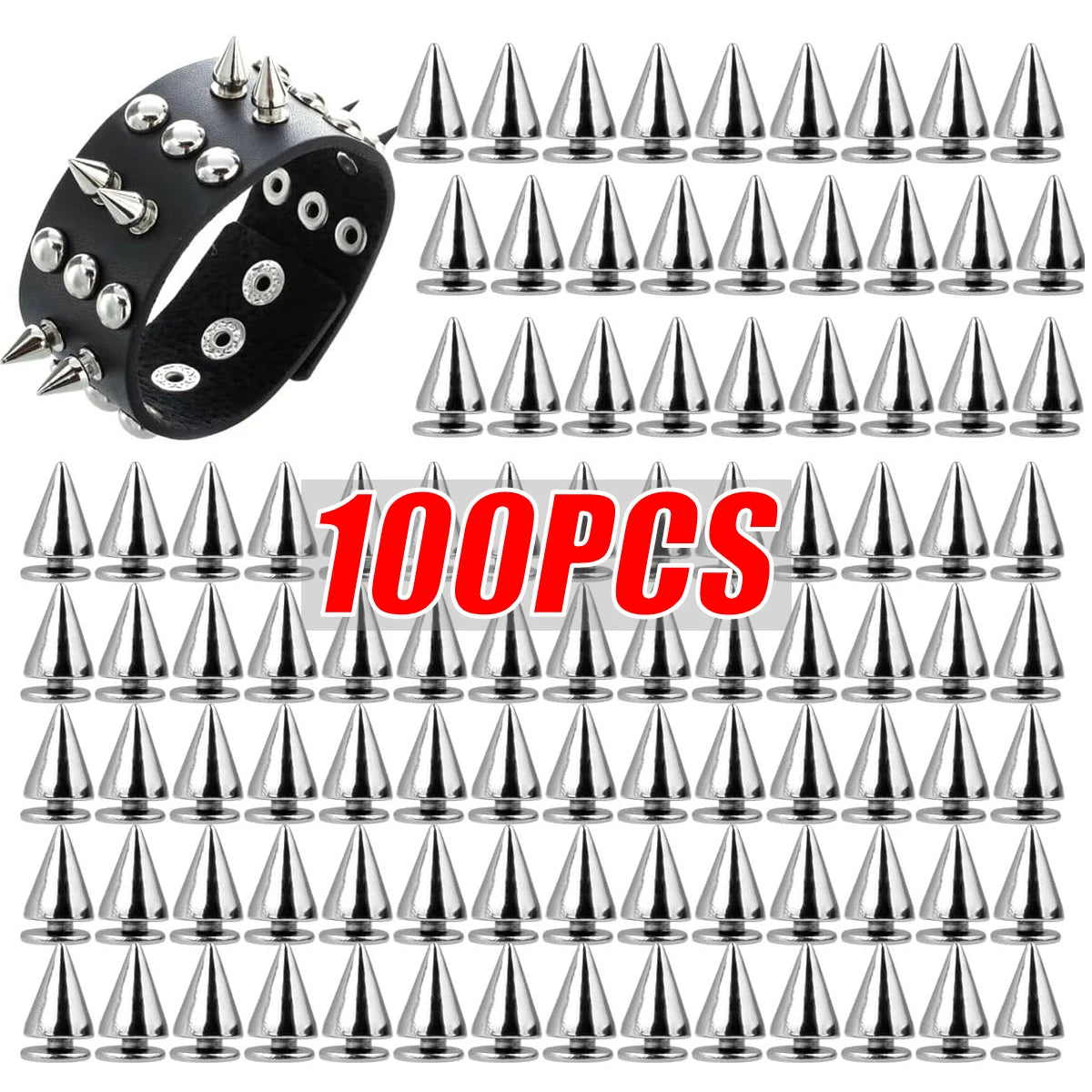 A collection of 100 silver zinc alloy cone studs and spikes for DIY clothing and accessories.