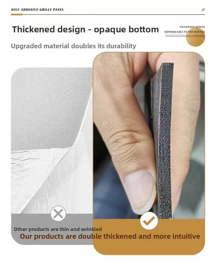 Hand holding a thick, black, textured panel of self-adhesive grille material.