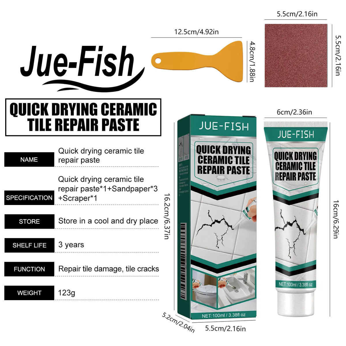 Jue-Fish quick drying ceramic tile repair paste in a tube and a spatula tool