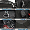 Close-up view of a black travel backpack showing features like a rugged handle, durable metal zippers, headphone port, detach