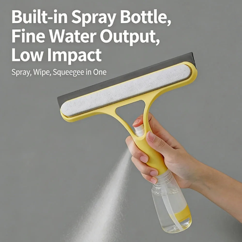 A hand holds a yellow squeegee with a built-in spray bottle, demonstrating its use for window cleaning.