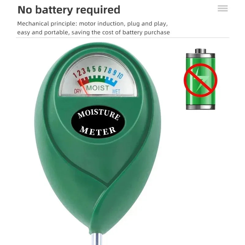 A green soil moisture meter with a needle indicating moist conditions, used for plant care.