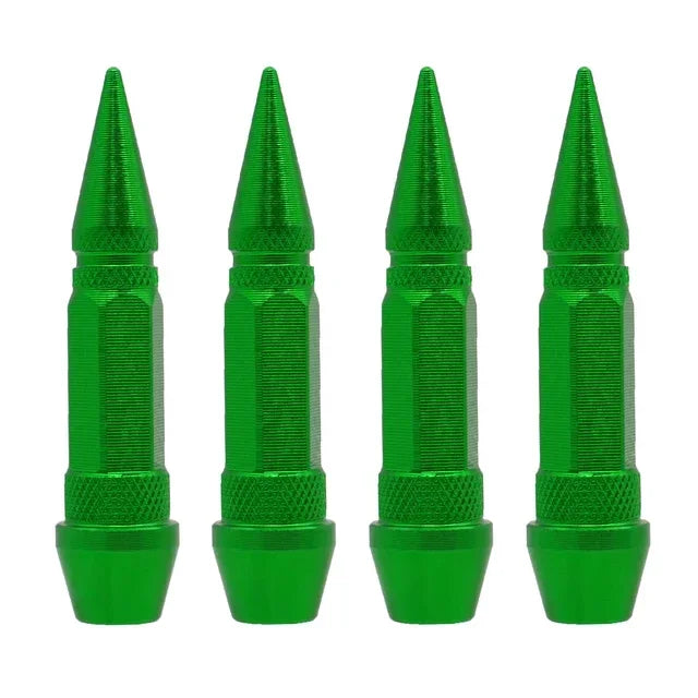 A set of green universal bullet head screws for tires and valves.