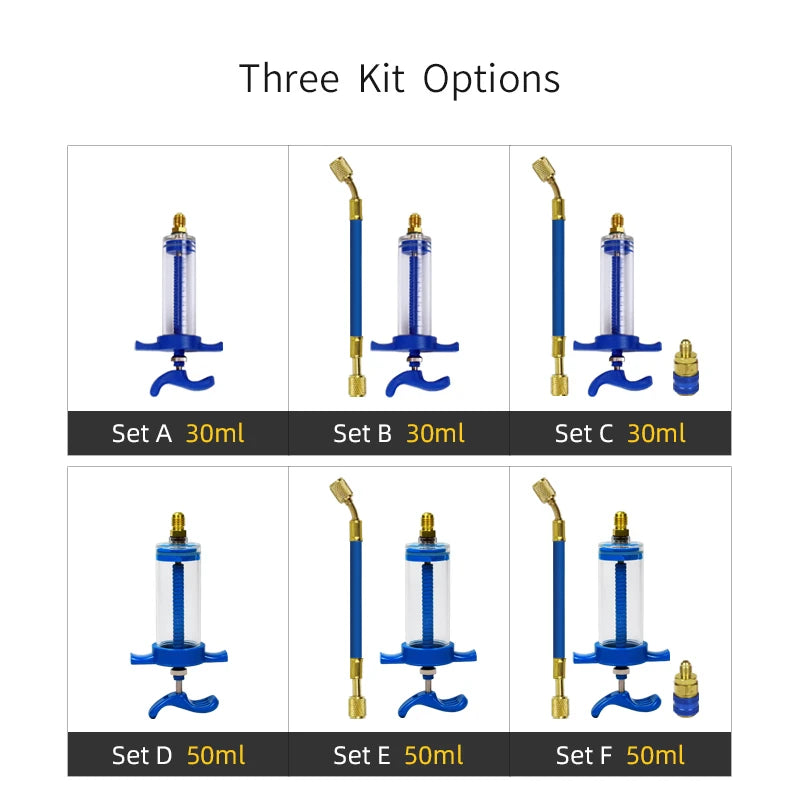 Three kit options showing various sizes of an air conditioning oil and dye injector set