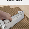 A hand is adjusting an adjustable notched trowel for adhesive application on a textured surface.