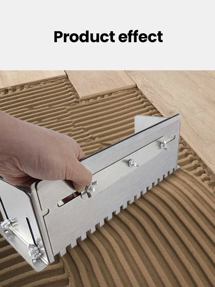A hand is adjusting an adjustable notched trowel for adhesive application on a textured surface.