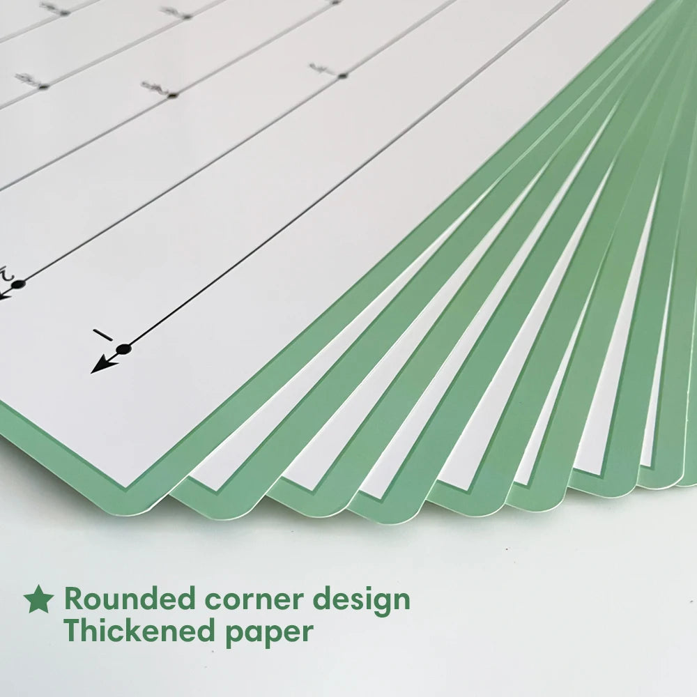 A stack of green and white fraction number line posters with rounded corners and thickened paper.