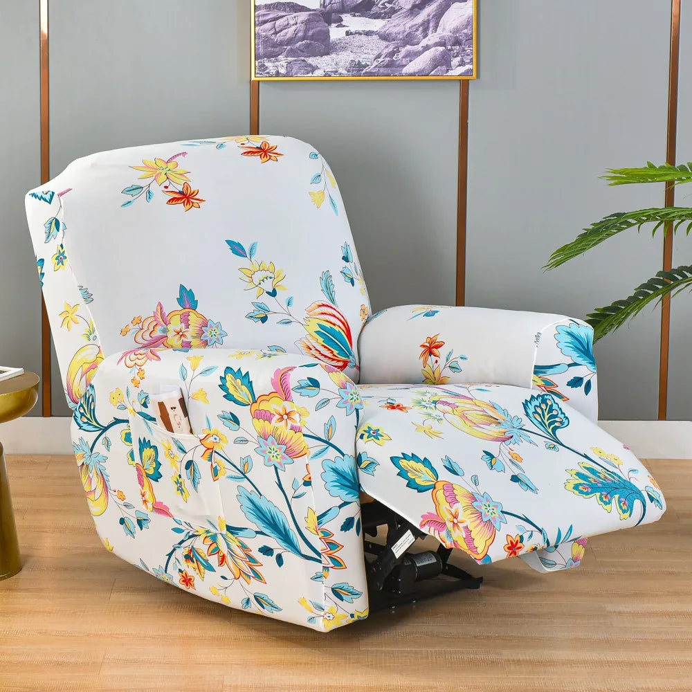 Printed Recliner Cover with Side Pocket — 4-Piece Set