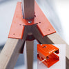 Orange heavy-duty steel workbench brackets used to secure wood tops.
