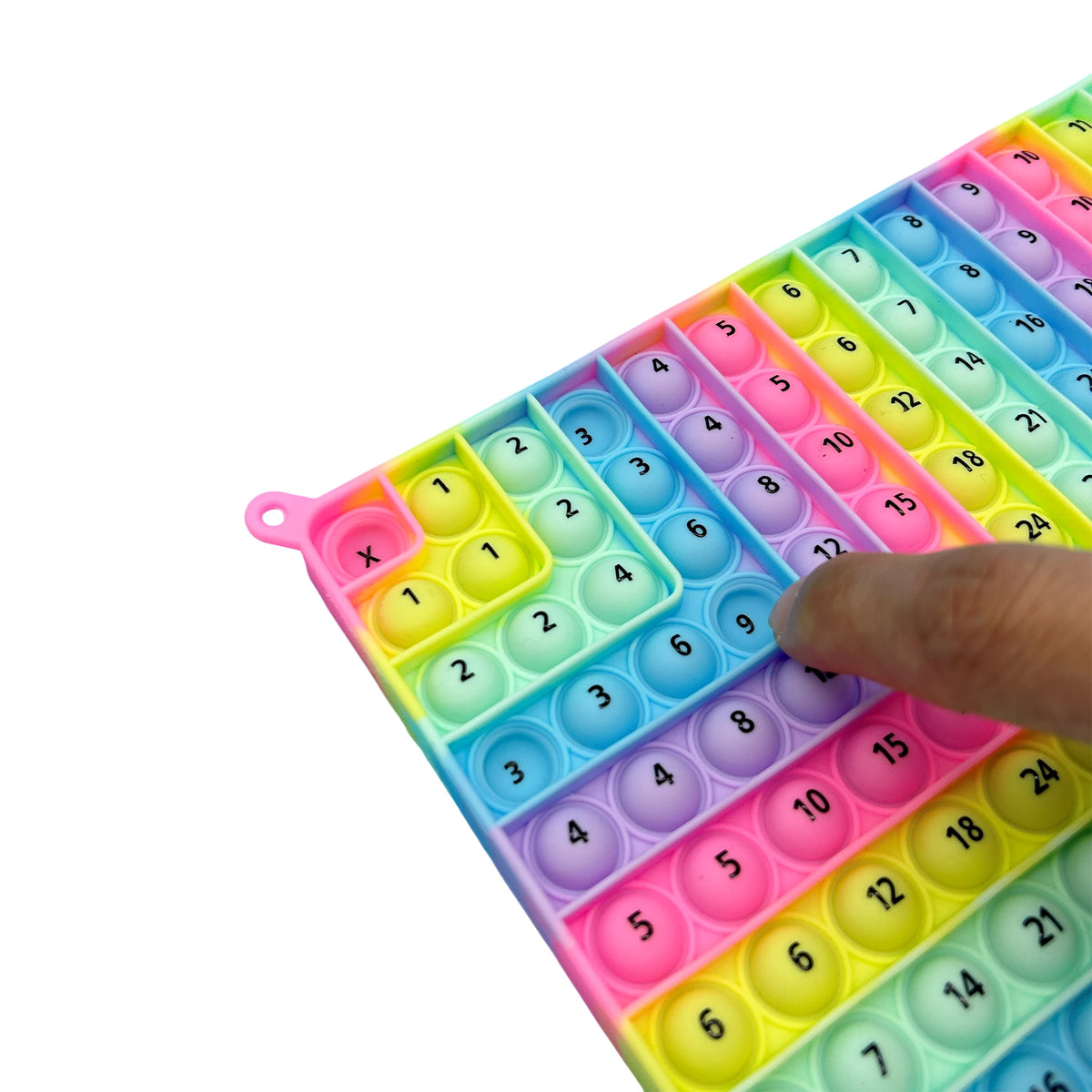 A colorful multiplication practice math game board with pink, yellow, and blue cells being used for learning activities.
