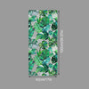 Vertical sheet of floral stained glass window film featuring green and teal leaves on a silver background