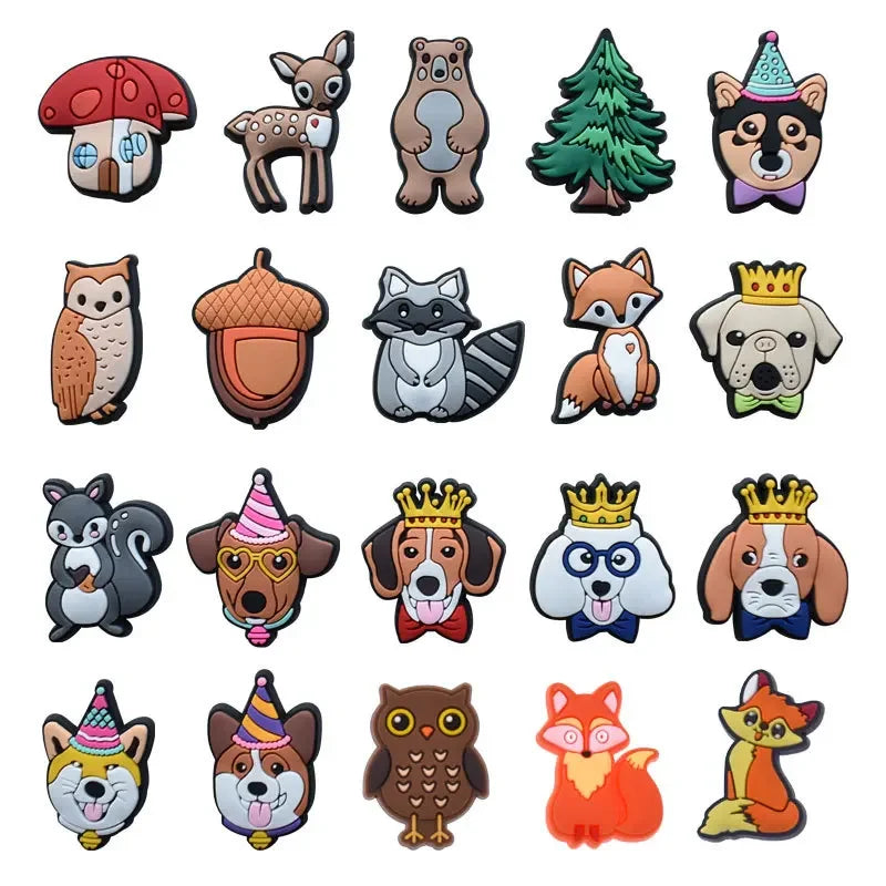 A collection of colorful animal-themed PVC pins and charms featuring various dog, cat, and wildlife faces.