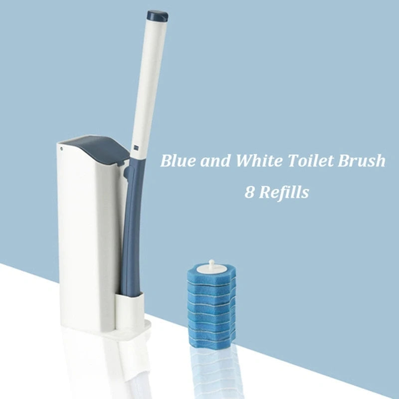 Blue and white disposable toilet brush with storage base and eight refills