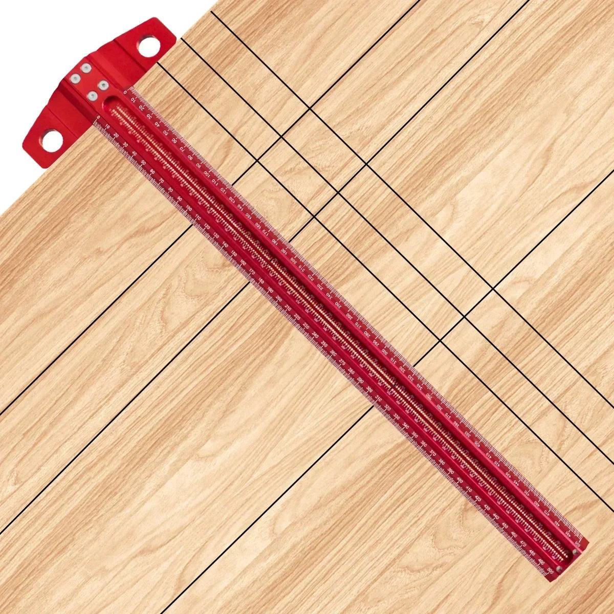 A red precision aluminum alloy T-ruler used for woodworking marking, lying on a light wood surface.