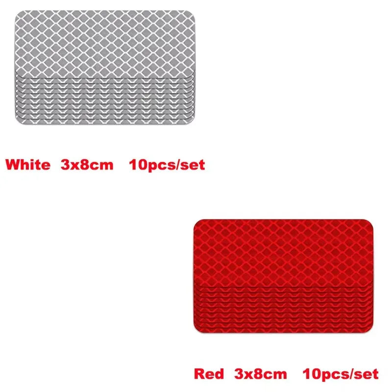 Set of 10 white reflective strip stickers measuring 3x8cm for car safety