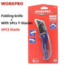 Red packaging for a WorkPro folding knife with 5T blades and 6 pieces of blade.