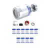 A silver kitchen faucet water filter with a rotating head and splash guard, along with various filter components.